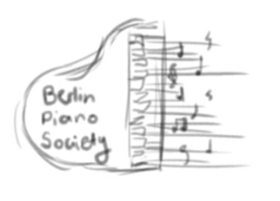 Logo sketch — landscape, notes streaming right